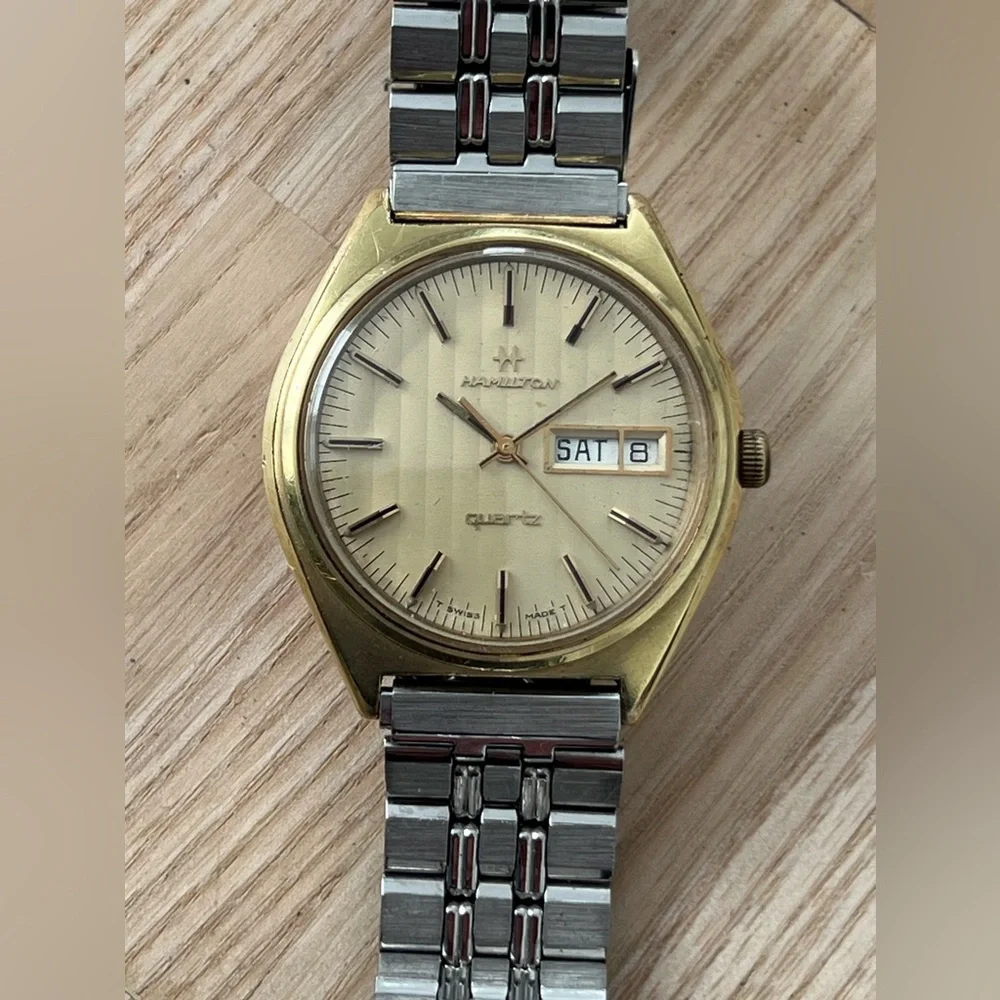 Hamilton 14K Gold Plated Rare Vintage Men’s Watch Stainless Bracelet Gold Dial